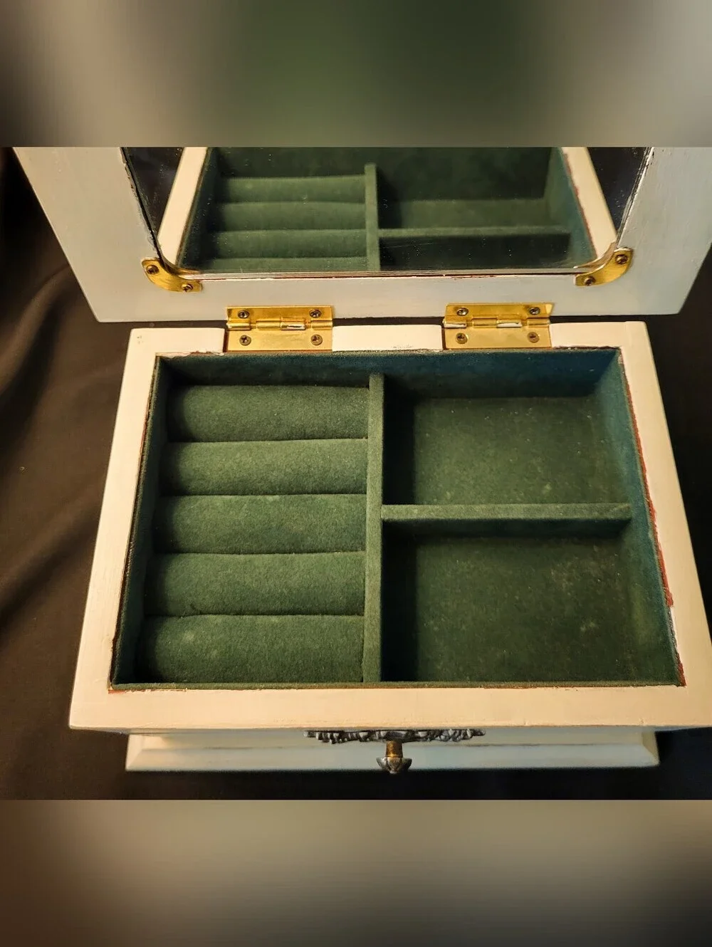 Shabby Chic Jewelry Box with Drawers & Mirror – Ivory Distressed Finish